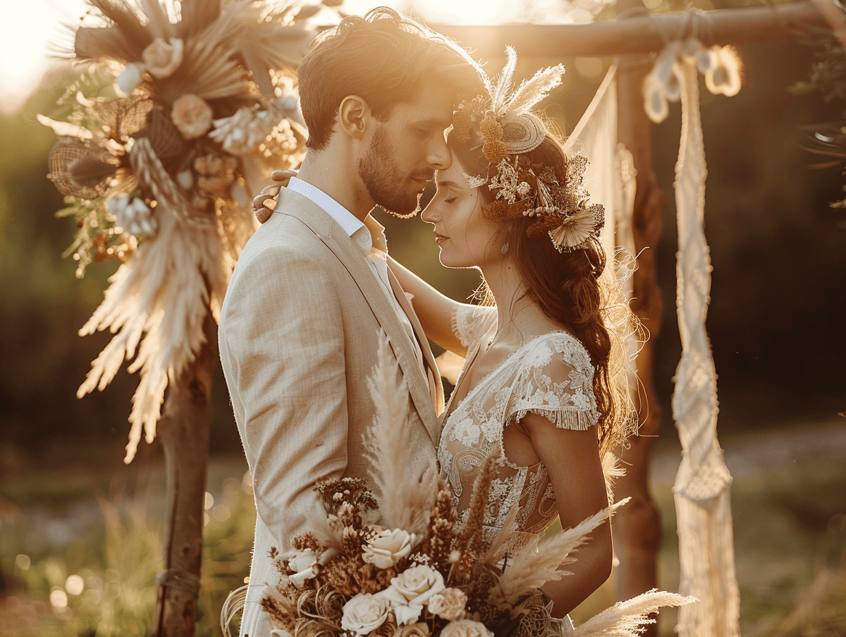 Ein Brautpaar steht sich in einer warmen Abenddämmerung gegenüber. Die Braut trägt ein romantisches, blütenverziertes Kleid und hält einen Strauß aus Trockenblumen. Der Bräutigam ist elegant gekleidet in einem hellen Anzug. Sie scheinen einen intimen Moment zu teilen, umgeben von natürlicher Dekoration und sanftem Licht.