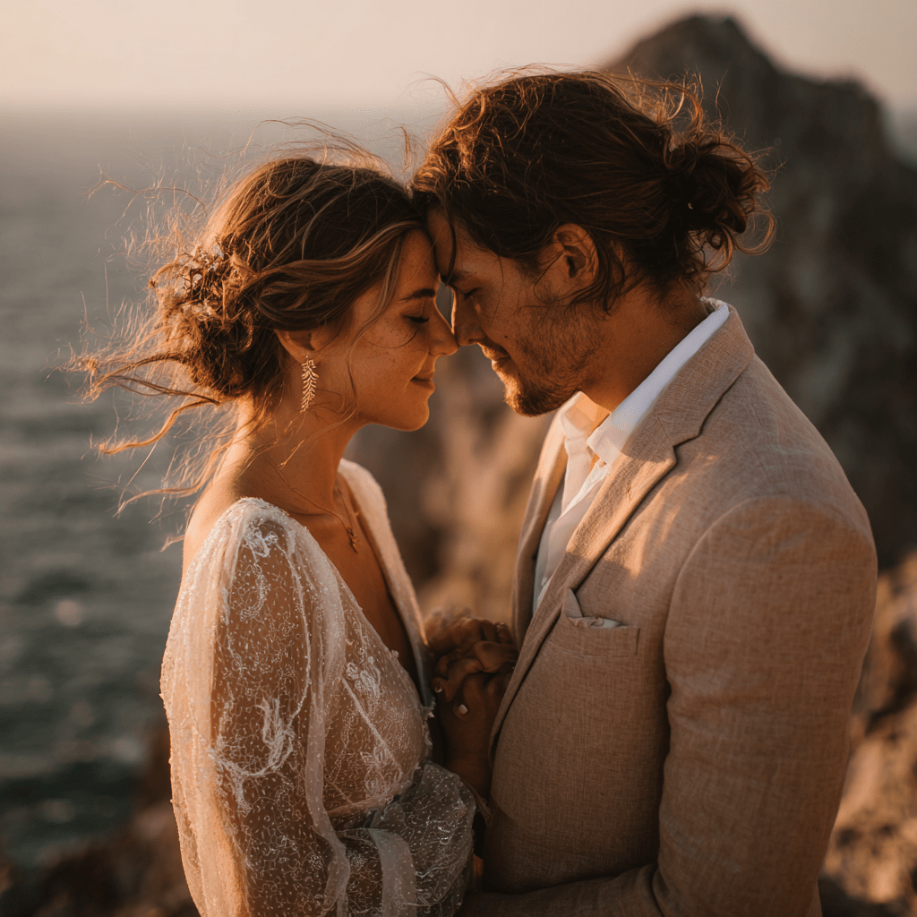 Ein Brautpaar steht sich am Rand einer Klippe gegenüber, während sie sich sanft anlächeln. Die Sonne geht unter und taucht die Szene in warmes Licht. Die Frau trägt ein romantisches, transparentes Brautkleid, und der Mann ist elegant in einem hellen Anzug gekleidet.