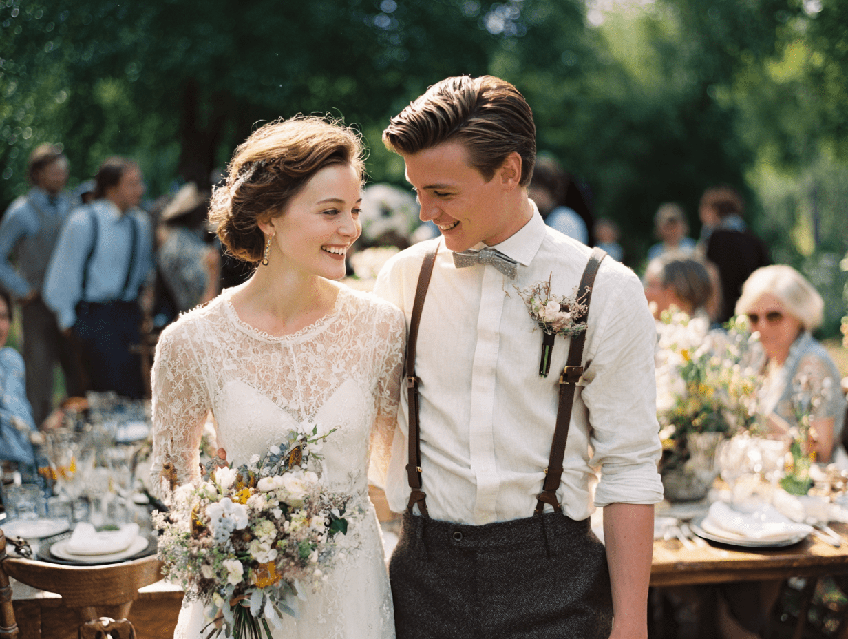 Ein Brautpaar lächelt sich an, während es nebeneinander steht. Die Braut trägt ein elegantes, weißes Kleid mit Spitzenakzenten und hält einen Blumenstrauß. Der Bräutigam ist in einer weißen Hemd mit Hosenträgern und einer Fliege gekleidet. Im Hintergrund sind Gäste an festlich dekorierten Tischen zu sehen.