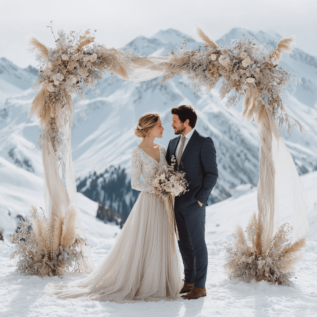 Ein Brautpaar steht in einem verschneiten Bergpanorama vor einem romantischen Blumenbogen. Die Braut trägt ein elegantes, langärmliges Kleid, während der Bräutigam einen klassischen Anzug trägt. Im Hintergrund sind majestätische Berge und eine winterliche Landschaft zu sehen.
