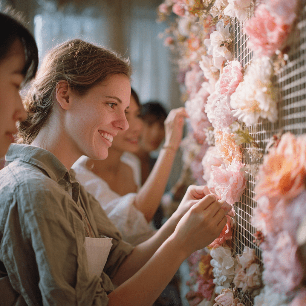 Eine Gruppe von Frauen gestaltet eine Wand mit bunten, künstlichen Blumen. Eine Frau, mittleren Alters mit langen, braunen Haaren, lächelt glücklich, während sie eine Blume anbringt. Die Atmosphäre ist kreativ und einladend, und die anderen Frauen wirken ebenfalls konzentriert und engagiert.