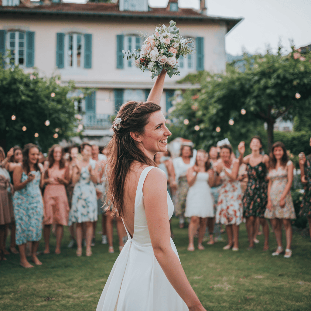 Eine Braut in einem eleganten weißen Kleid hebt ihren Blumenstrauß hoch, während sie sich umdreht. Im Hintergrund stehen fröhliche Gäste, die applaudieren und in festlichen Kleidern gekleidet sind. Eine romantische Gartenkulisse mit Lichtern und Blumen umgibt die Szene.