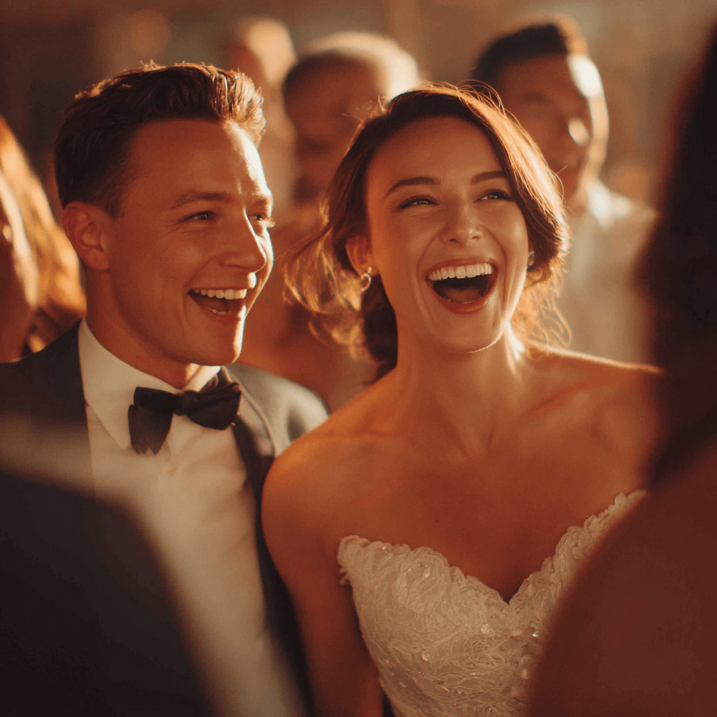 Ein Brautpaar lacht herzlich in einer festlichen Atmosphäre. Die Braut trägt ein elegantes, trägerloses Kleid, während der Bräutigam in einem klassischen Anzug mit Fliege gekleidet ist. Im Hintergrund sind feiernde Gäste zu sehen.