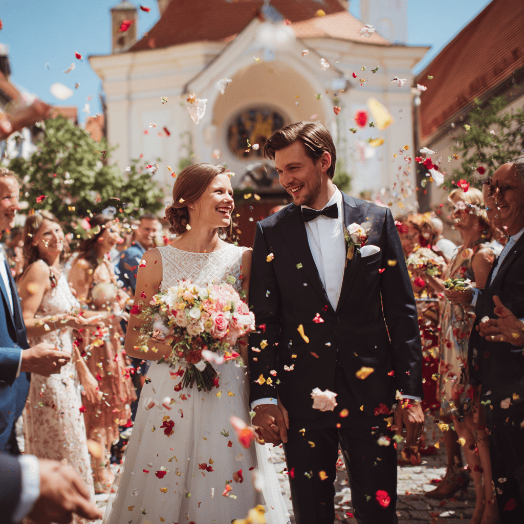 Ein frisch verheiratetes Paar geht glücklich einen Festzug entlang, umgeben von Freunden und Familie, die Blütenblätter in die Luft werfen. Die Braut trägt ein elegantes, weißes Kleid und hält einen bunten Blumenstrauß, während der Bräutigam in einem schwarzen Anzug lächelt.