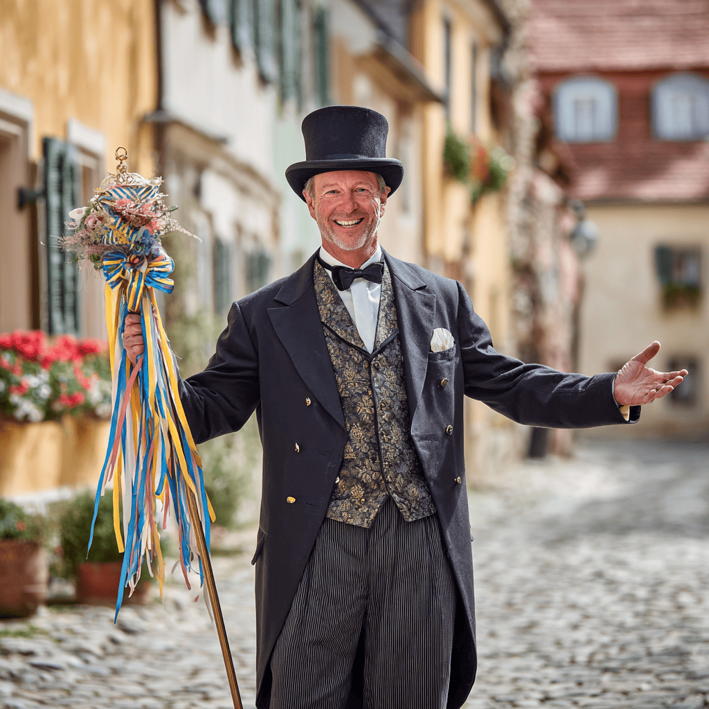 Ein lächelnder Mann in einem eleganten Anzug mit einem Zylinder und einem Gehstock steht in einer historischen Straße. Er breitet die Arme aus und wirkt einladend. Blumen und historische Gebäude schmücken den Hintergrund.