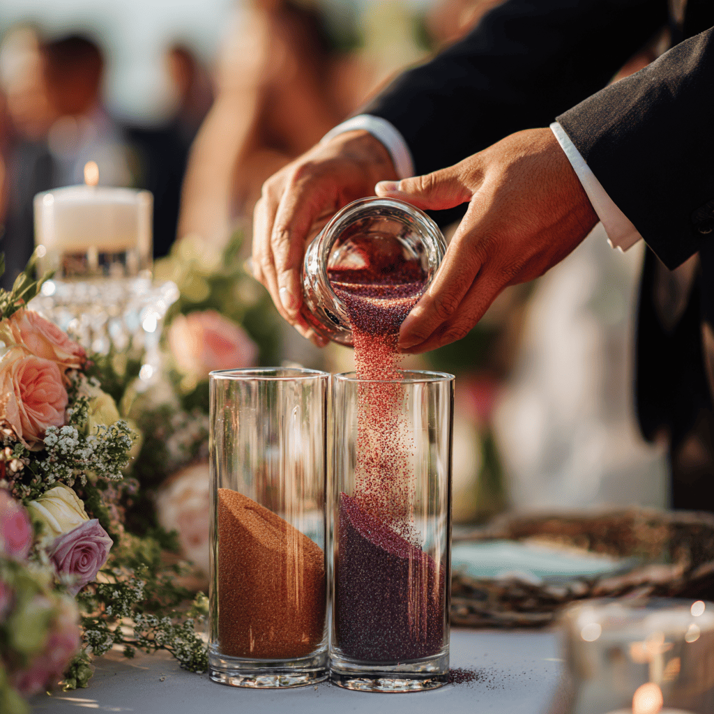 Eine Person gießt farbigen Sand aus einem Glas in zwei hohe Gläser, sie ist umgeben von Blumen und Kerzen auf einem festlich gedeckten Tisch.