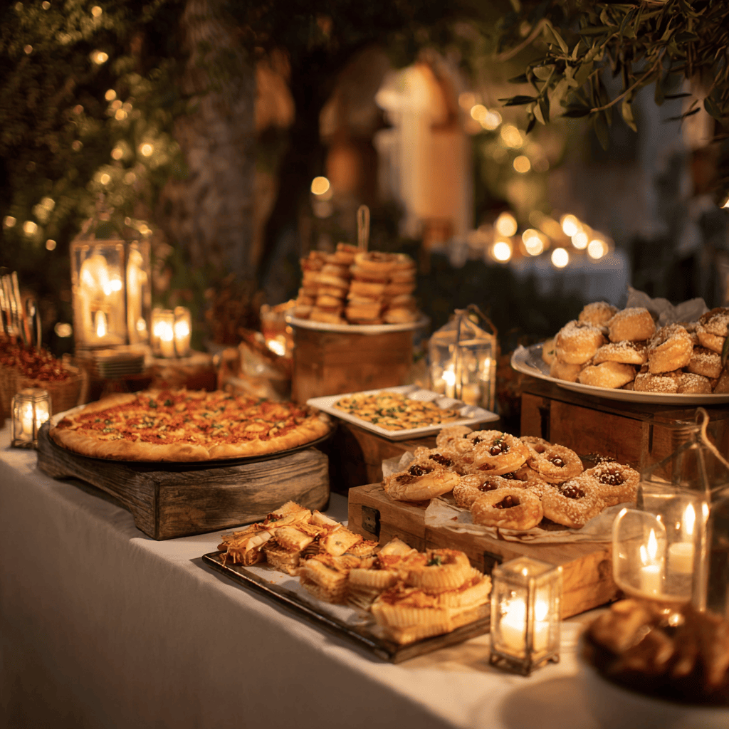 Header Mitternachtssnack Hochzeit - Ein festlich gedeckter Tisch mit verschiedenen Leckereien, darunter Pizza, Gebäck und Süßigkeiten, umgeben von Kerzenlicht und einer gemütlichen Atmosphäre.