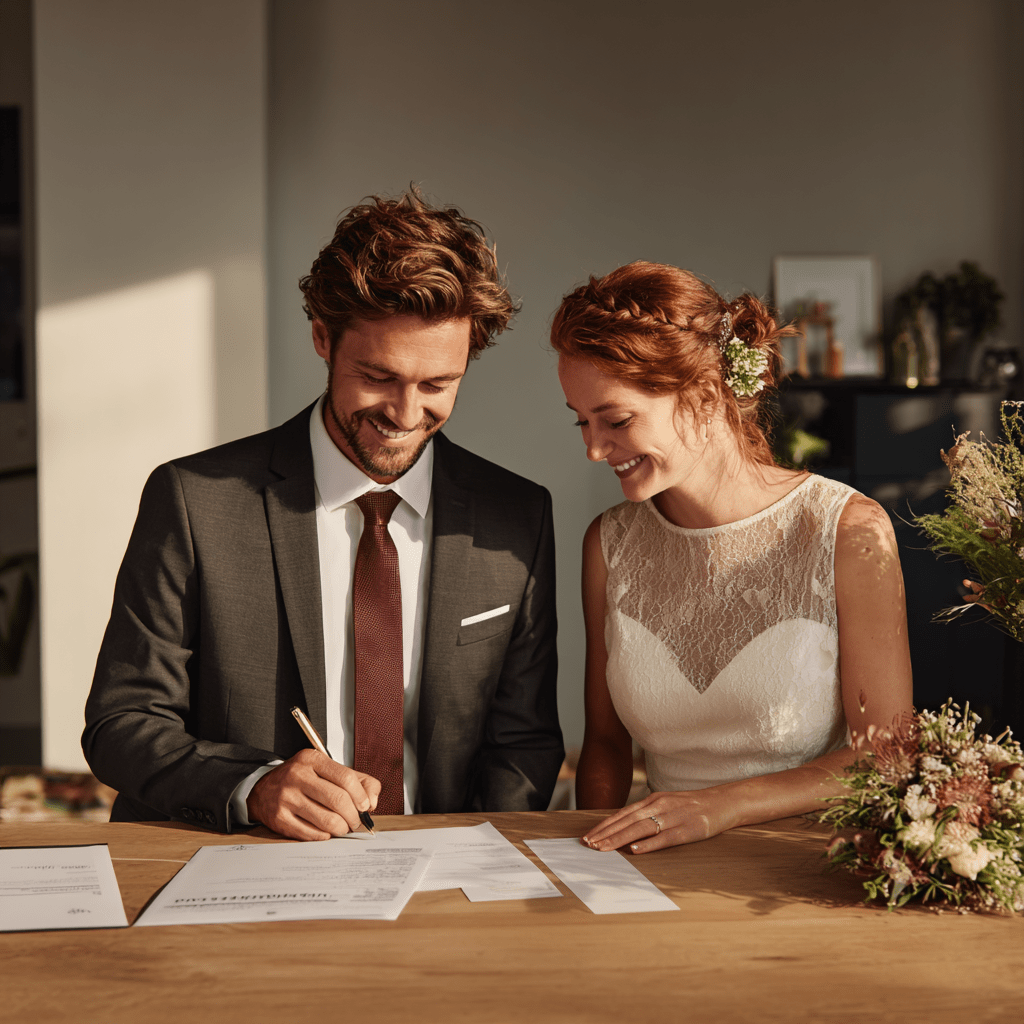 Ein Brautpaar sitzt an einem Tisch und unterzeichnet Dokumente. Der Bräutigam trägt einen Anzug und lächelt, während die Braut in einem schlichten, eleganten Kleid ebenfalls lächelt. Auf dem Tisch liegen mehrere Blätter Papier und ein Blumenstrauß. Sonnenlicht fällt sanft auf die Szene.