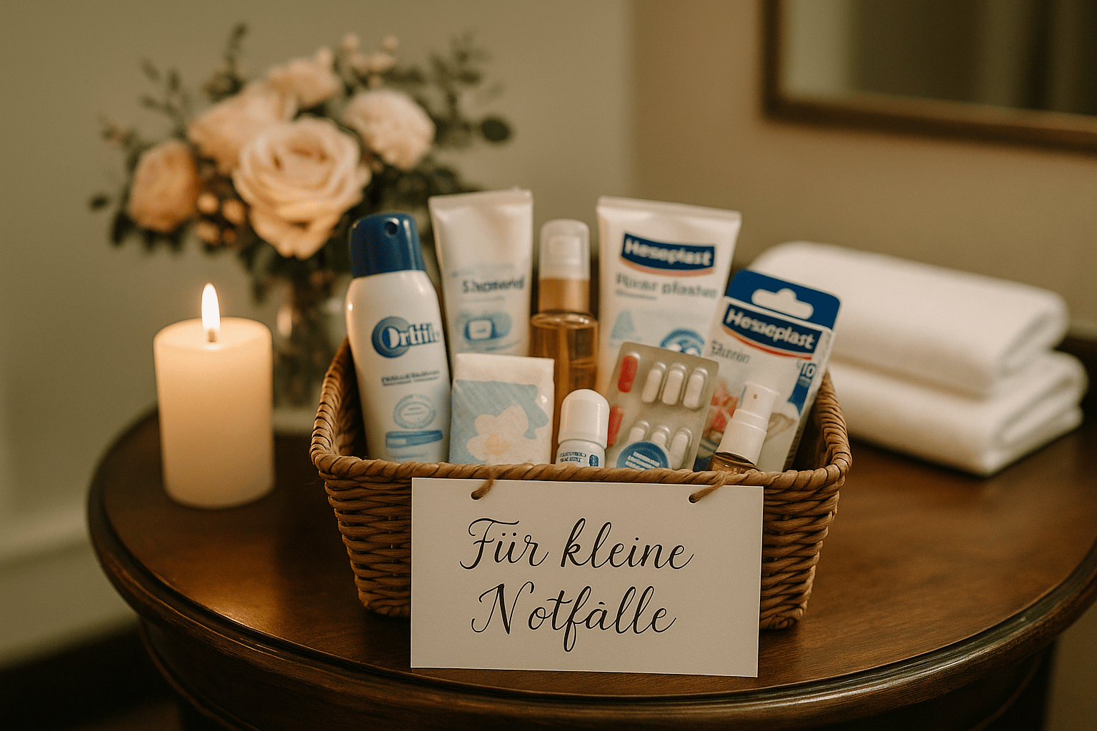 Ein geflochtener Korb auf einem Tisch enthält verschiedene Pflegeprodukte wie Cremes, Pflaster und Öl. Neben dem Korb steht eine brennende Kerze und im Hintergrund sieht man frische Blumen sowie einige Handtücher. Auf einem Schild steht: „Für kleine Notfälle“.