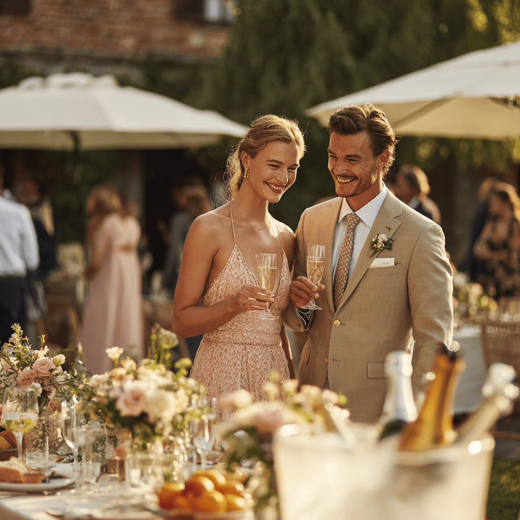 Ein Paar hält Gläser mit Sekt in der Hand und lächelt sich an. Sie sind elegant gekleidet, umgeben von festlich gedeckten Tischen mit Blumen und Obst. Im Hintergrund sind weitere Gäste auf einem Gartenfest zu sehen.