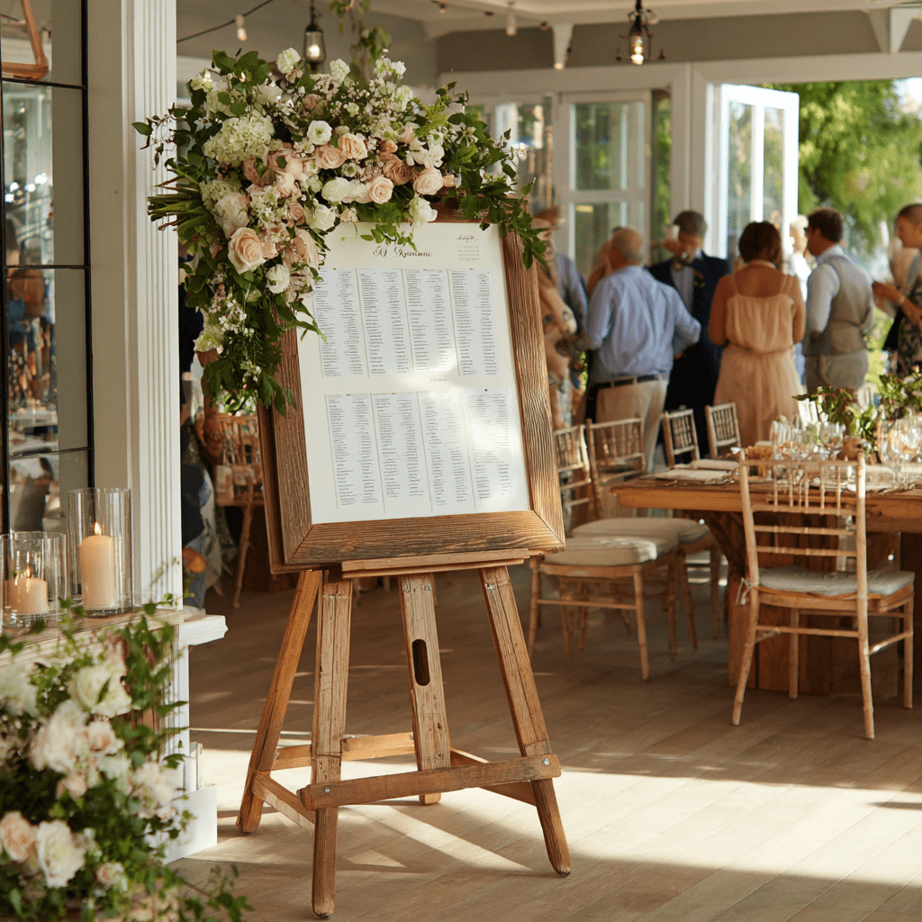 Ein elegant dekoriertes Sitzplatz-Plan steht auf einem Holzgestell. Der Plan ist von floralen Arrangements umgeben, während Gäste in einem festlich dekorierten Raum mingeln. Tischgedecke und Kerzen sorgen für eine ansprechende Atmosphäre.