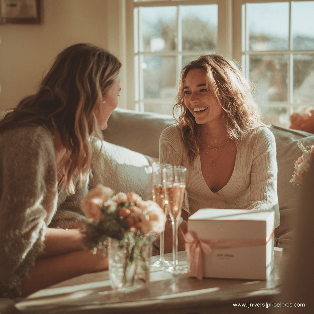 Zwei Frauen sitzen auf einer Couch und lachen miteinander. Vor ihnen stehen zwei Gläser mit Sekt und ein Geschenkpäckchen mit einer Schleife. Das Licht ist warm und freundlich.