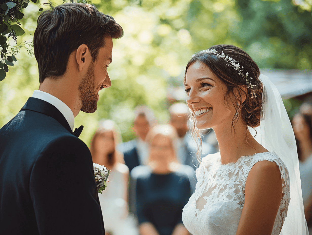Ein Brautpaar steht in einer idyllischen Umgebung, umgeben von grüner Natur. Die Braut trägt ein elegantes, weißes Kleid mit Spitze und lächelt den Bräutigam an, der einen schwarzen Anzug trägt. Im Hintergrund sind Gäste zu sehen, die den romantischen Moment beobachten.