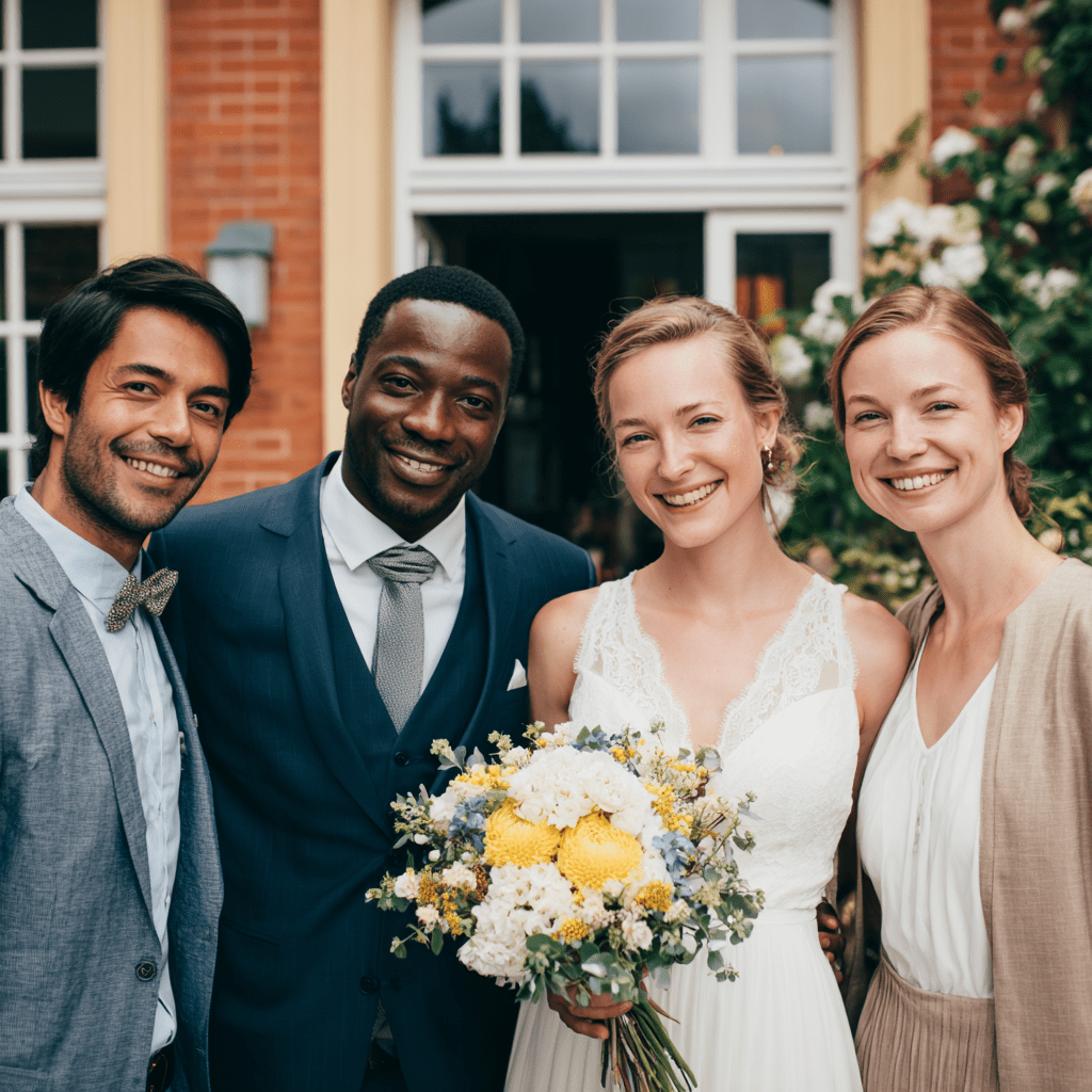 Vier Personen posieren lächelnd vor einem Gebäude. Die Frau in der Mitte trägt ein weißes Hochzeitskleid und hält einen Blumenstrauß. Die anderen drei Personen sind elegant gekleidet und strahlen Freude aus.